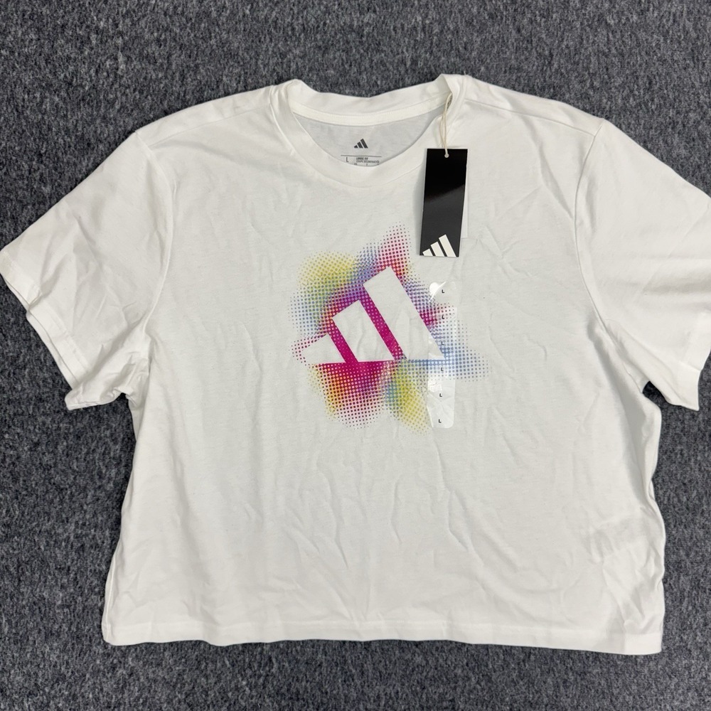 Adidas Cropped White Dance Tee Women L Rainbow Logo‎ Graphic Gym Athleisure